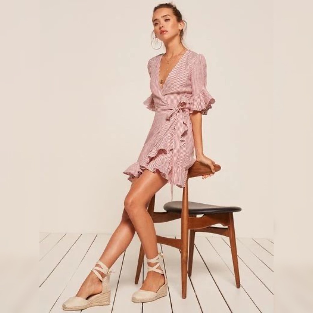 {reformation} linen ruffle wrap dress